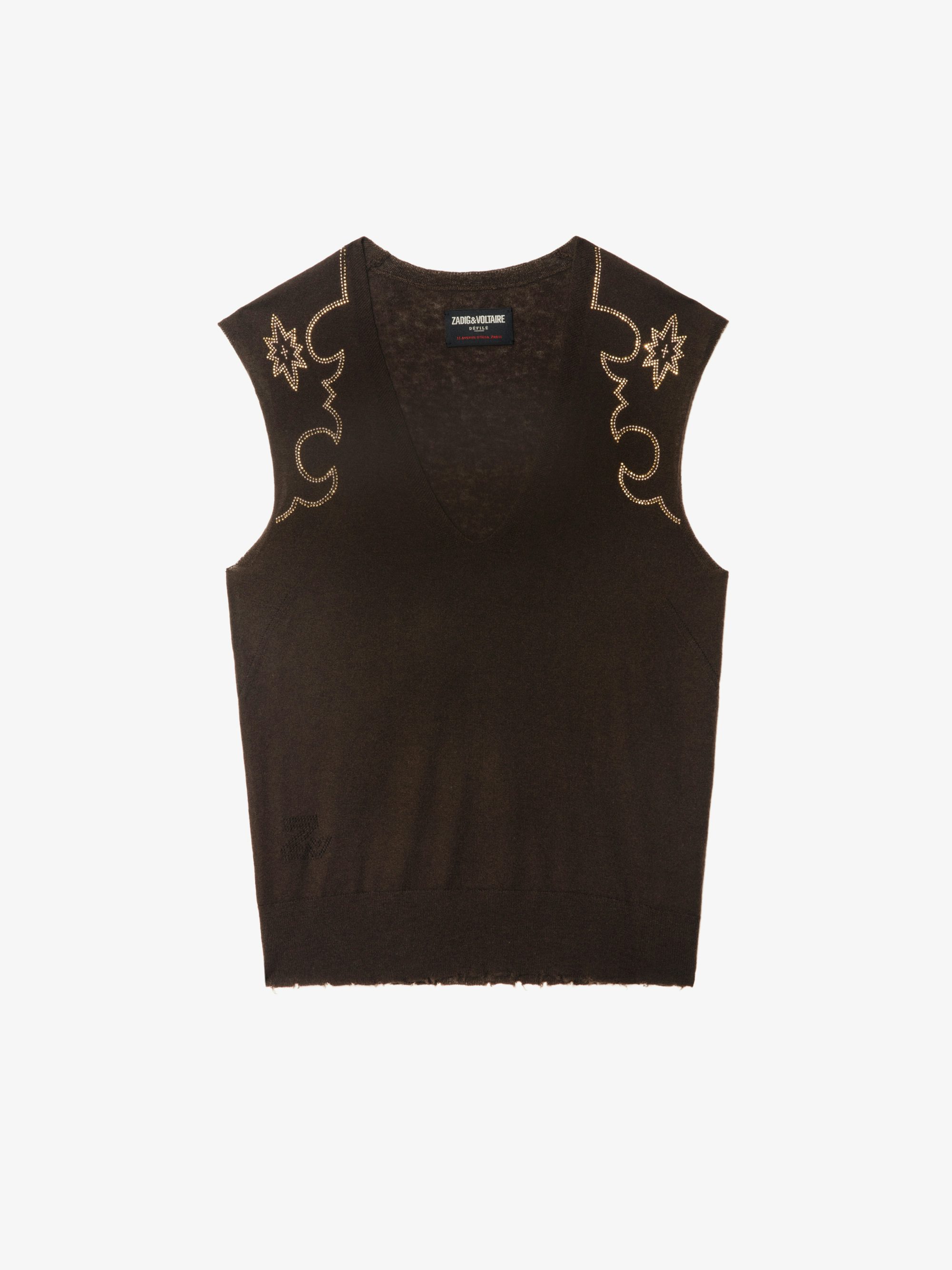 Vicky 100% Cashmere Jumper - Sleeveless V-neck jumper with rhinestones.